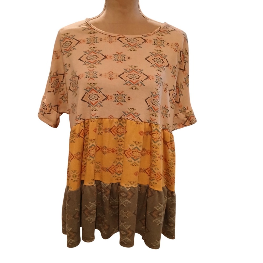 Perfect Peach Large Womens Southwestern Tiered Babydoll Tunic Top Boho Swing